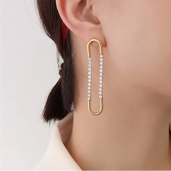 Exaggerated Oval U Shaped Long Dangle Earring Geometric Paperclip Zircon New - Picture 6 of 8
